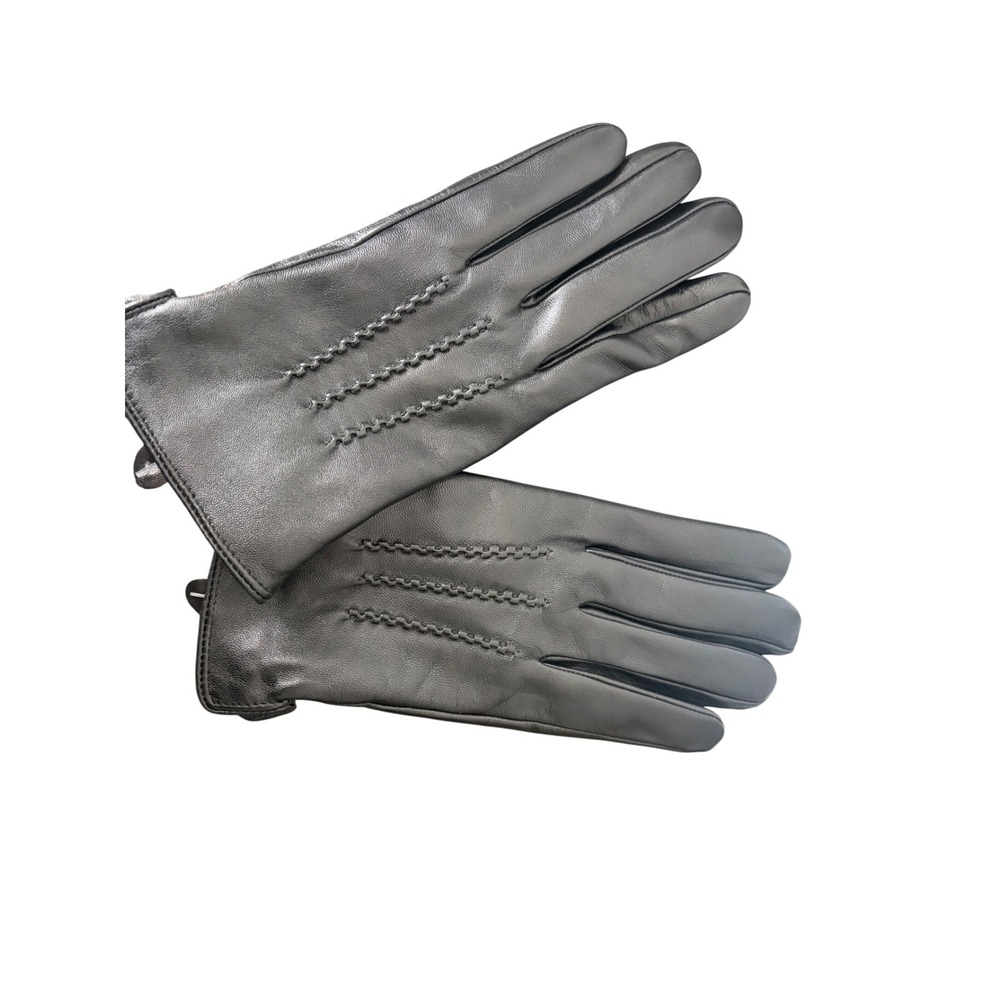 Womens Black Leather Gloves Three Point Stitching Elastic Wrist‎ Size Medium